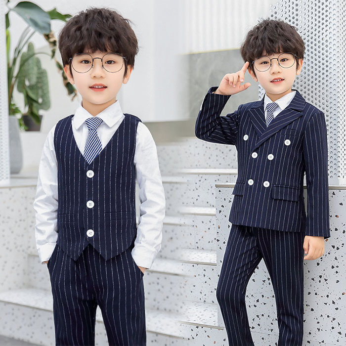 아이 슈트 소년 포멀 슈트 4점 세트 5점 세트 재킷 베스트 셔츠 팬츠 넥타이 스트라이프 이벤트 연회 결혼식 단체복 스테이지 의상 키즈복 입학 입원 졸업 753 슈트 세트 주니어복 수험 면접 탄생