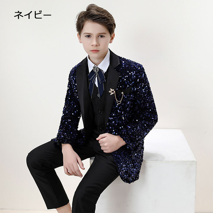 子供スーツ スパンコール スーツ 上下セット 男の子 ジャケット シャツ ベスト パンツ ネクタイ ピアノ演奏会 フォーマルスーツ 舞台衣装 卒業 入学 キッズ服 派手 司会者 イベント 結婚式 宴会 フォーマル 紳士服 コンサート パーティー 誕生日 プレゼント スタイリッシュ