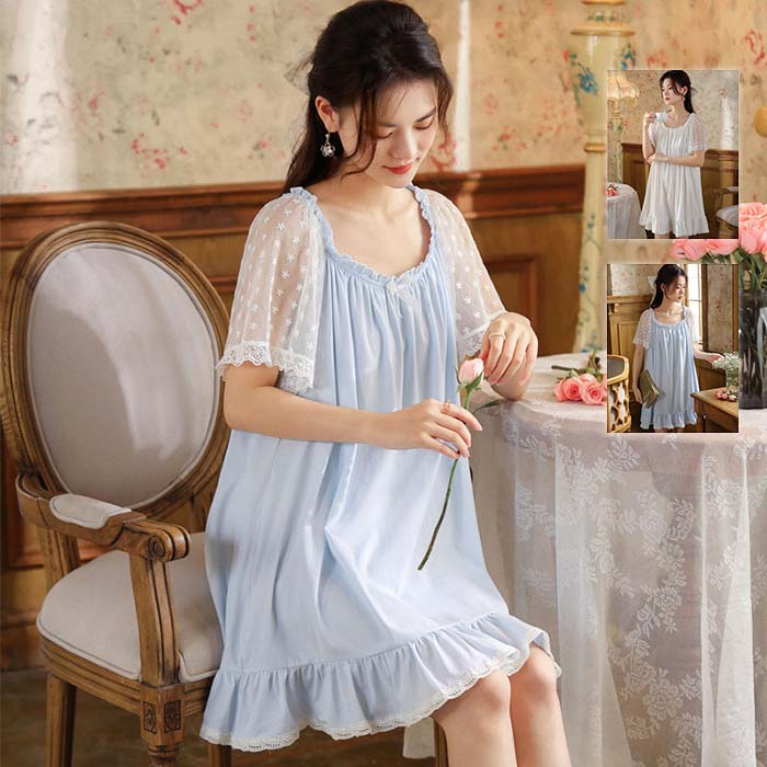 ネグリジェ レディース パジャマ ワンピース 半袖 膝丈レース袖 春 夏 姫系 無地 ナイトウェア ルーム..