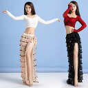 ベリーダンス 衣装 レディース 上下セット トップス 長袖 へそ出し スカート インナーパンツ付き スパンコール フリンジ タッセル チュール ロング丈 透け感...