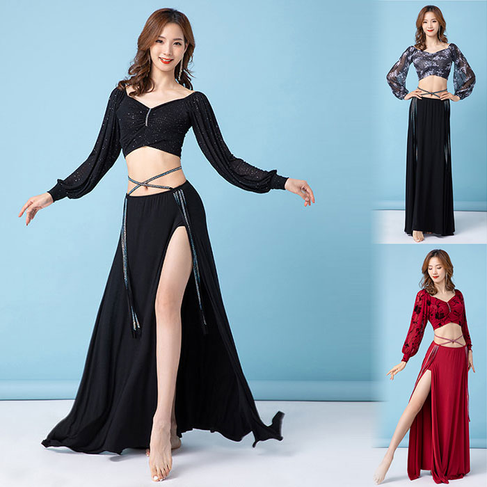 ベリーダンス 衣装 大人 2点セット トップス 長袖 へそ出し スカート ロング丈 インナーパンツ付き スプリット ダンス衣装 花柄 レディース 透け感 セクシ...