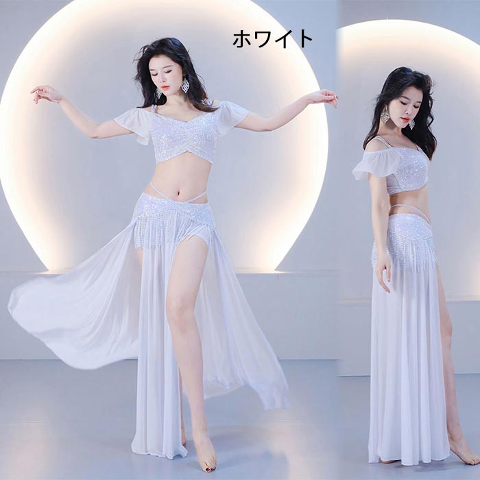 キラキラ ベリーダンス衣装 上下セット トップス 半袖 へそ出し スカート ロング丈 スリット入り インナーパンツ付 レッスン着 練習着 ステージ衣装 スパンコール フリンジ ダンス衣装 練功服 団服 お揃い 舞台衣装 女性 セクシー セットアップ 大きいサイズ 競技着 askshop-10000773 asks Dance Gear サンプル画像3