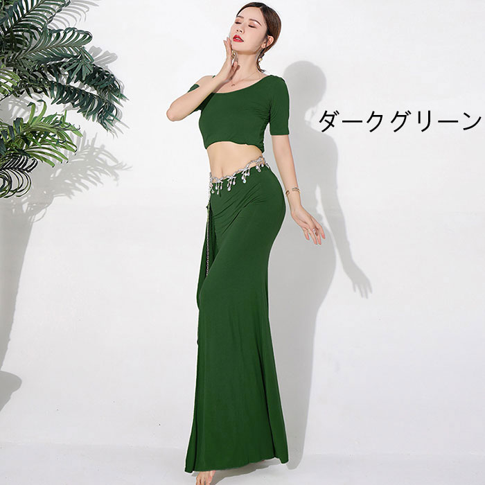 ベリーダンス 衣装 セット 大人 ダンス レッスン着 トップス 半袖 へそ出し スカート インナーパンツ付き セットアップ レディース ステージ衣装 ダンスウェア 舞台衣装 練習着 ベリーダンス衣装 コスチューム レッスン ダンサー 社交ダンス 女性 グリーン レッド パープル askshop-10000775 asks Dance Gear サンプル画像3