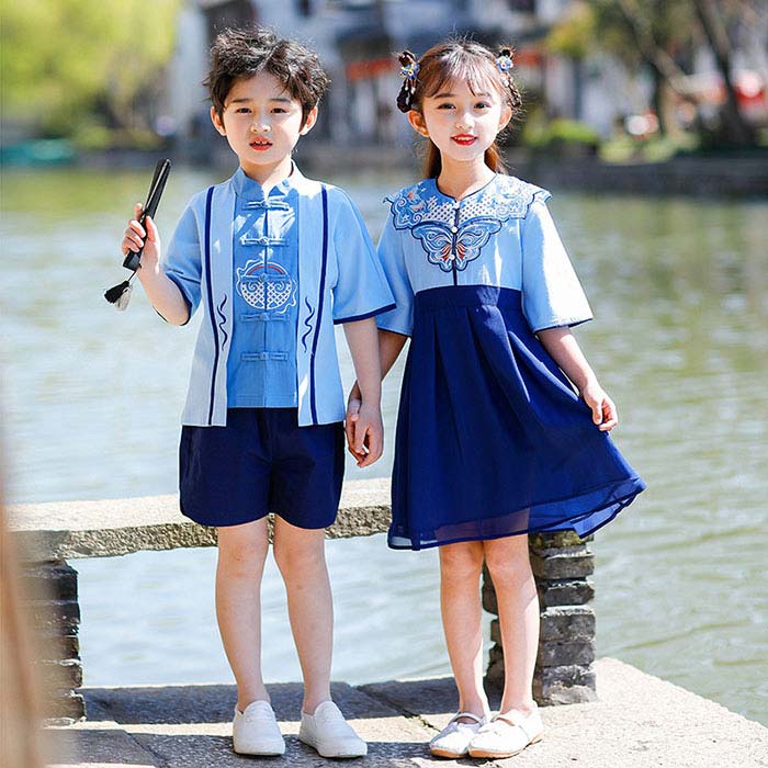 아이 옷 소년 상하 세트 중화풍 한복 반소매 자수 탑스 팬츠 차이나 버튼 서 옷깃 민족풍 키즈 주니어복 입학 졸업 평상복 놀이 초등학생 유치원 사진 촬영 문화제 무대 의상 코스프레 하로 일상복 세련된 100-170cm