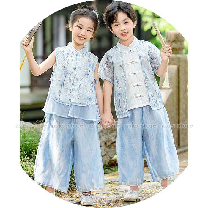 子供服 漢服 女の子 男の子 上下セット トップス 半袖 漢服 仮装 tシャツ ベスト 長ズボン 可愛い 中華..