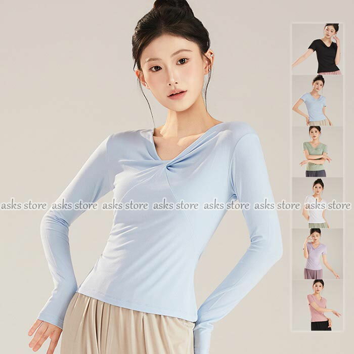 ダンストップス レディース モダンダンス衣装 練功服 半袖 長袖 バレエ ヨガ ダンス服 全6色 胸元結び ..