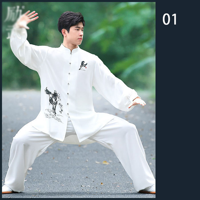 asks Dance Gearの太極拳ウェア 2点セット 3点セット 太極拳 服 中華風 太極拳服 長袖 ロングパンツ チュール プリント柄 男女兼用 拳法 武術 功夫 スポーツ用品 練習着 気功 演武 メンズ レディース 朝練 大人 発表会 武術練功服 表演服 カンフーウェア ゆったり スポーツウェア｜アングル2