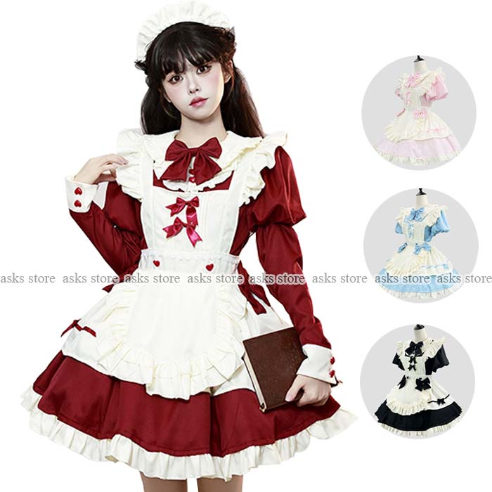 ロリータ メイド服 ゴスロリ ワンピース 長袖 エプロン メイドドレス コスプレ Lolita ウェイトレス ハロウイン 衣装 仮装 コスチューム ロリータ服 ...