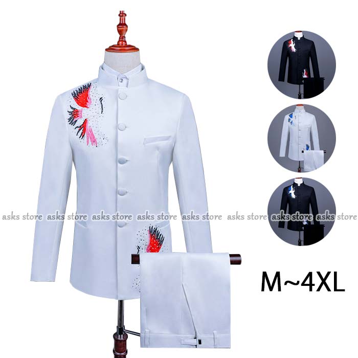 メンズスーツ ステージ衣装 ジャケット パンツ 発表会 鶴 刺繍 スパンコール キラキラジャケット 司会..