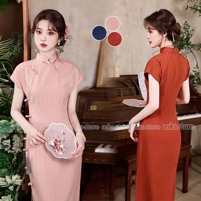 チャイナドレス ロング丈 ワンピース 普段着 半袖 中華 チーパオ ドレス チャイナボタン スリット入り ..
