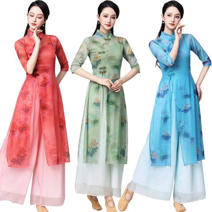 古典ダンス衣装 トップス チャイナドレス スリット入り シースルー キャミソール付 花柄 ガウチョパンツ グラデーション モダンダンス 練功服 チャイナボタン 練習着 レッスン着 舞台衣装 団体服 傘ダンス 扇子ダンス 飄逸 古典舞踊 透け感 エレガント 古典楽器演奏 おしゃれ