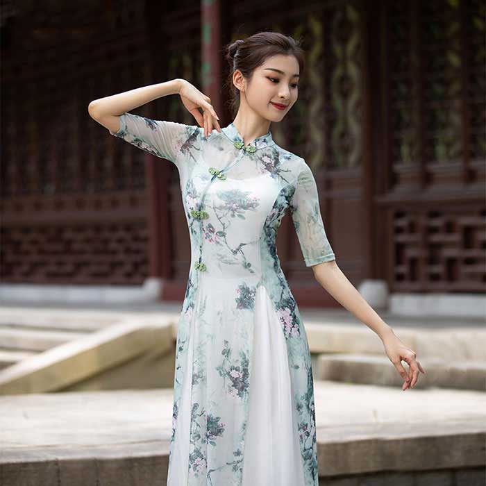 即納　古典ダンス衣装 ロング丈ワンピース チャイナドレス シースル 花柄 梅柄 五分袖 スリット ブラウ..