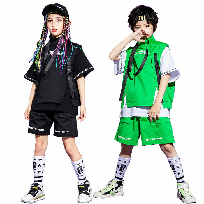 Rakuten - ヒップホップ ダンス衣装 ユニセックス キッズ 子ども服 セットアップ トップス 半袖 シャツ ショートパンツ ベスト 男女兼用 ジュニア 舞台衣装 韓国 女の子 男の子 応援団 ステージ衣装 ダンス 子供 チアダンス HIPHOP ジャズダンス 卒園 発表会 イベント 練習着 おしゃれ