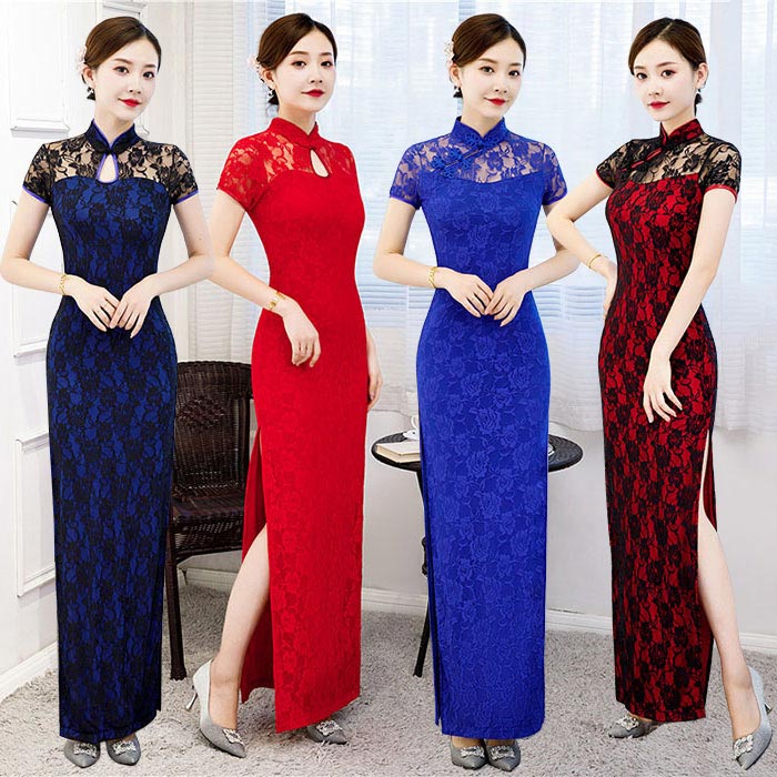 チャイナドレス マキシ丈 ワンピース 半袖 レース 花柄 中華ドレス 花レース ワンピース チーパオ チャ..