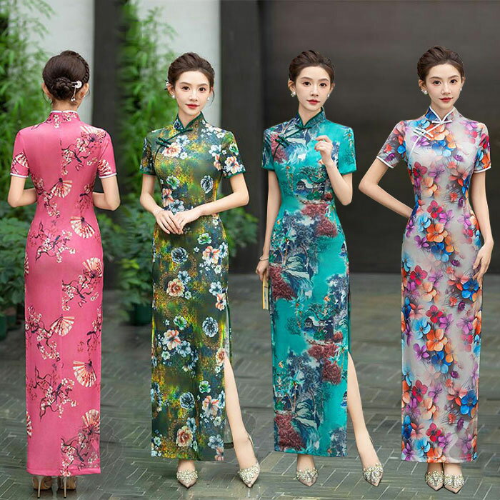 チャイナドレス マキシ丈 半袖 総柄 花柄 全7色 新作 ワンピース ドレス ハイネック スリット入り セクシー 中華ドレス 宴会 華流コスプレ チャイナ風 穏やかなチャイナワンピース シックな花柄 イベント 二次会 パーティードレス 演奏服 普段使い スリム 着痩せ おしゃれ