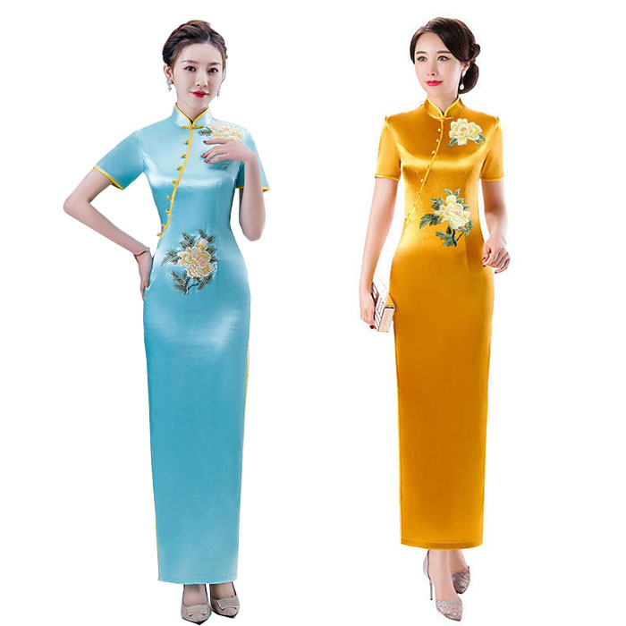 チャイナドレス チーパオ 半袖 ロング丈 チャイナワンピース 刺繍 花柄 中華ドレス 舞台衣装 フォマール ワンピース 中華風 華流コスプレ マキシー丈 中華服 ドレス ワンピース ドレス 上質 セクシー 宴会 演奏服 司会者 発表会 パーティードレス 細身 きれいめ エレガント