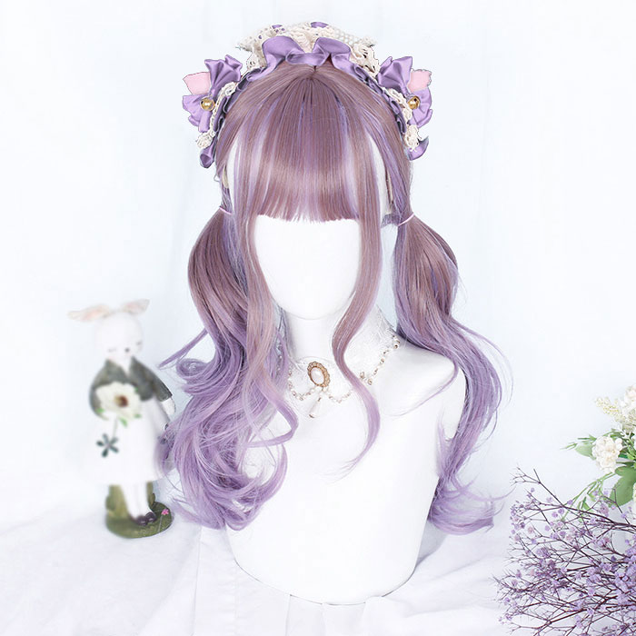 ウィッグ lolita ロリータ風 グラデーション パープル 原宿風 かつら 巻き毛 ぱっつん前髪 姫髪 つけ毛 前髪 コスプレ ハロウイン 仮装 ロリータ cosplay用 メイド 日常 女性 耐熱 小顔効果抜群 文化祭 学園祭 パーディー 原宿ガール 可愛い
