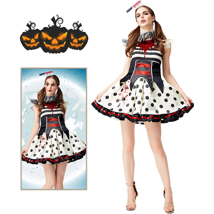 ハロウイン衣装 レディース コスプレ 仮装 ワンピース 変装 コスチューム 魔法使い ピエロ バンパイア お化け 吸血鬼 サーカス 洋服 悪魔 魔女 ウィッチ ホラー 恐怖 ゾンビ 学園祭 変身 イベント Halloween パーティー cosplay 発表会 髪飾り付き