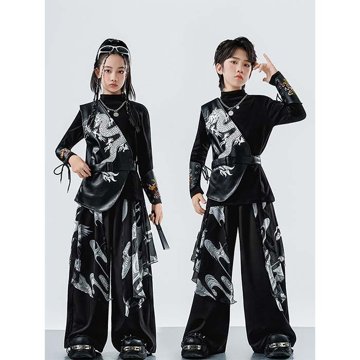 キッズ ジャズダンス衣装 セットアップ 男女兼用 中華風 龍柄 ヒップホップ衣装 女の子 男の子 トップス ベスト ロングパンツ チュール 袖カバー ステージ衣装 ジャズダンス HIPHOP 普段着 卒業式 ユニセックス ダンスウェア 文化祭 子供服 練習着 演出服 おしゃれ