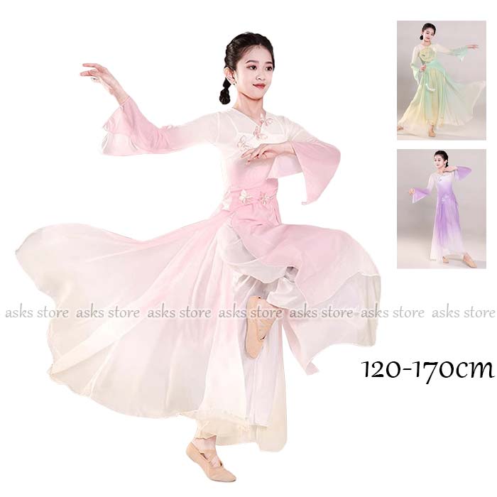 キッズダンス衣装 女の子 古典ダンス セットアップ グラデーション 交差襟 シースルー トップス キャミソール ガウチョパンツ スリット入り 子供ダンス衣装 練功服 飄逸 ジュニア 中華風 扇子ダンス 社交ダンス モダンダンス 演出服 派手 団体お揃い 練習着 文化祭 おしゃれ