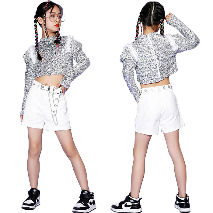 Rakuten - 子供ジャズダンス衣装 女の子 ヒップホップ ダンスウェア ジャズダンス 上下セット トップス ブラウス 長袖 ヘソ出し スパンコール ショートパンツ ベルト ダンス衣装 キッズ服 ジュニア服 舞台衣装 文化祭 競技着 学園祭 イベント 発表会 パーティー おしゃれ 110-170cm