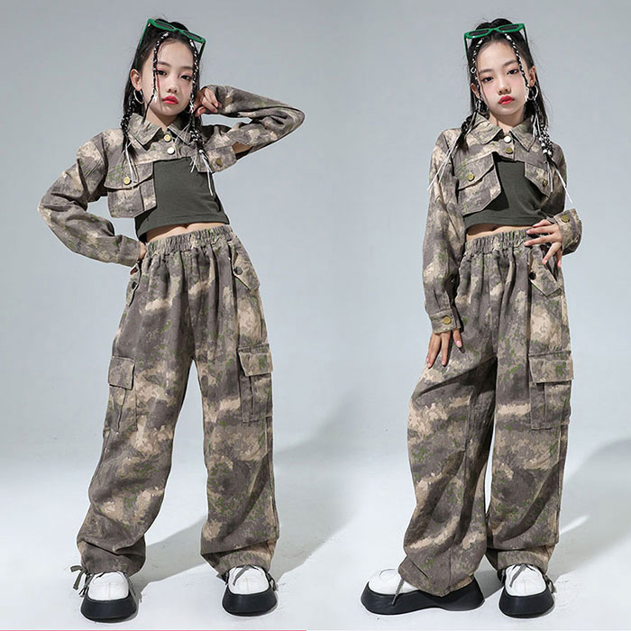 Rakuten - キッズダンス衣装 女の子 上下セットアップ ジャズダンス ヒップホップ 迷彩柄 子供服 シャツ パンツ タンクトップ へそ出し ストリートダンス 団服お揃い 練功服 韓国風 舞台衣装 発表会 卒業式 ステージ衣装 ジュニア服 子ども 韓国子供 カジュアル おしゃれ 120-180cm