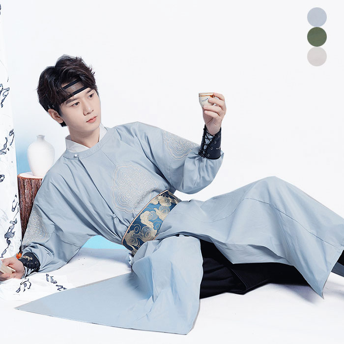 中華風古代衣装 メンズ チャンパオ 唐装漢服 花刺繍 ロング丈 男女兼用漢服唐装 スリット入り ベルト袖..