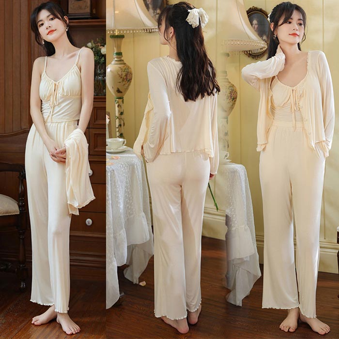 パジャマ レディース 上下3点セット キャミソール ブラウス ロングパンツ ルームウェア 春 秋 部屋着 長袖 前開き 可愛い 姫系 柔らか ナイトウェア 寝巻き 大人パジャマセット お姫様 女性用 学生 ジュニア パジャマセット 寝間着 旅行 入院 大人 ママ プレゼント おしゃれ
