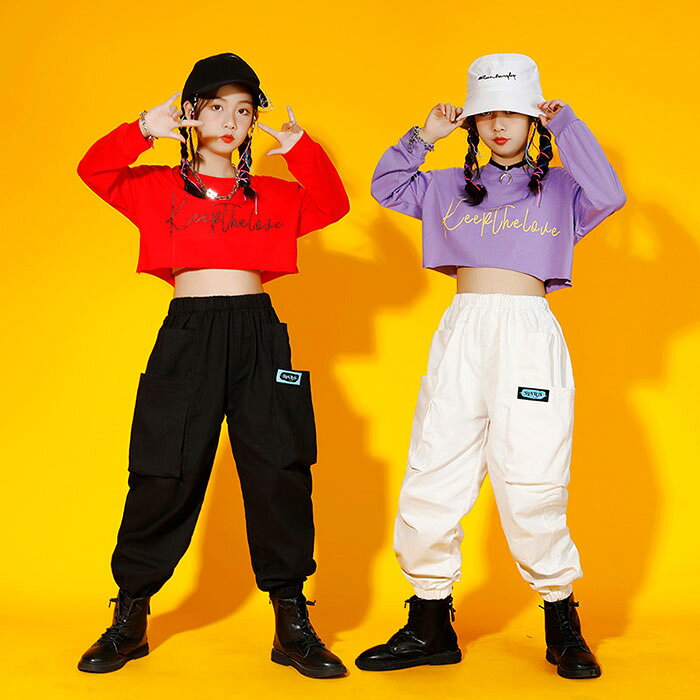 キッズ ダンス衣装 セットアップ ヒップホップ衣装 ジャズダンス シャツ 長袖 ヘソ...