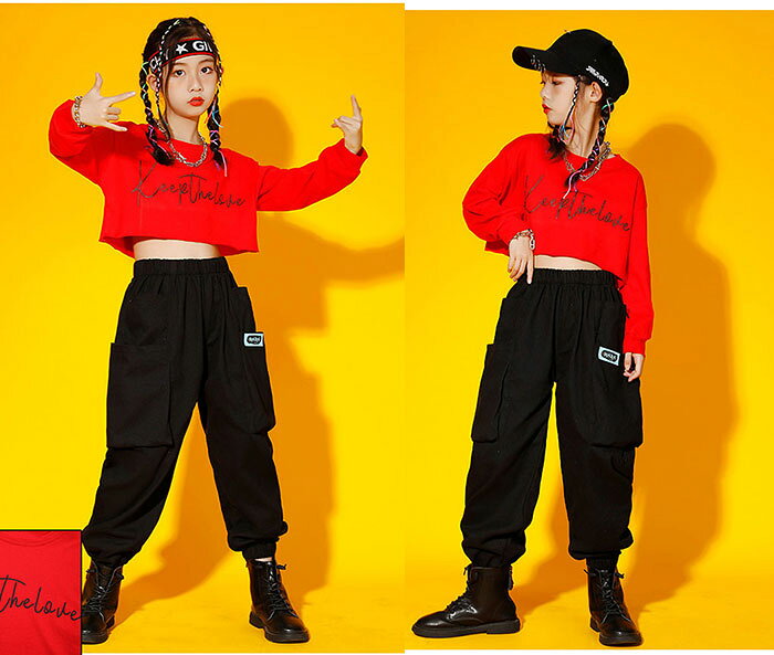 キッズ ダンス衣装 セットアップ ヒップホップ衣装 ジャズダンス シャツ 長袖 ヘソ...