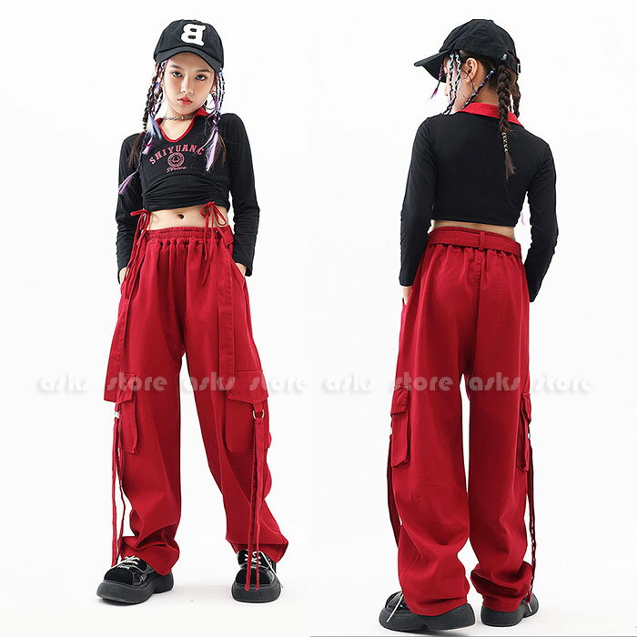 乐天商城 - 女の子 ジャズダンス衣装 上下セット 子ども服 トップス 長袖 ヘソ出し パンツ カーゴパンツ ダンス ヒップホップ レッスン着 韓国風 ジュニア服 練習着 ダンス授業 発表会 舞台衣装 学園祭 文化祭 卒業式 ステージ衣装 団体お揃い キッズ服 カッコイイ 110-170cm