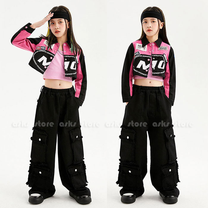 ジャズダンス衣装 キッズ 女の子 セットアップ ヒップホップ ジャケット 長袖 ヘソ出し タンクトップ カーゴパンツ 韓国風 ジュニア 子ども服 舞台衣装 新年会 演出服 発表会 ジャズダンス 練習着 ダンス 学園祭 卒業式 韓国子供 かっこいい 110-170cm 子供の日