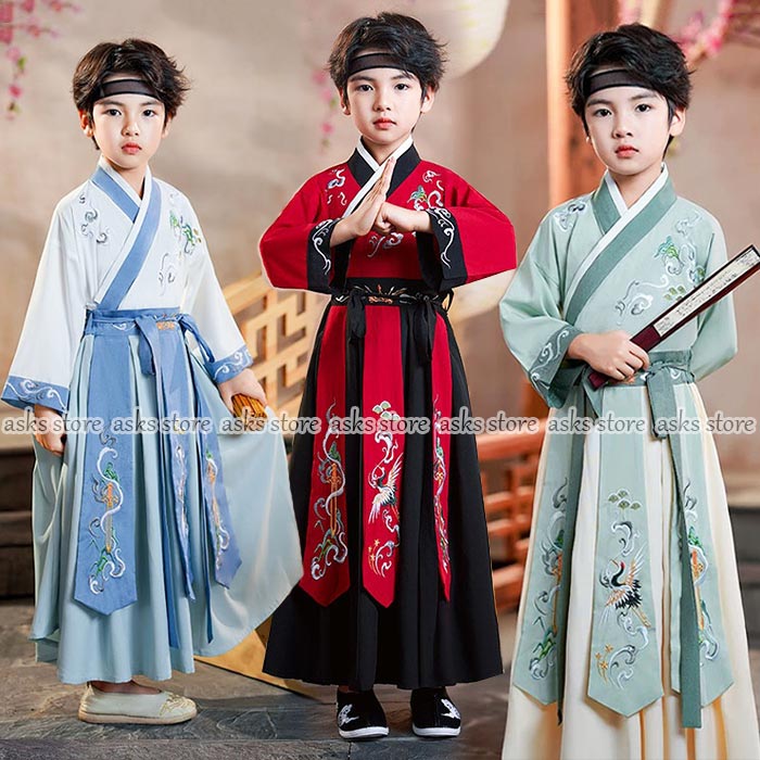 キッズ中華コスプレ衣装 新作 男の子 中華古代漢服 豪華唐装漢服 刺繍 交差襟トップス 袴風スカート 配色 中華服 上下セット 大きいサイズ 子供服 コスプレ コスチューム 古典ダンス 舞台ステージ衣装 漢元素 華流コスチューム 仮装 変装 学園祭 文化祭 イベント 撮影衣装