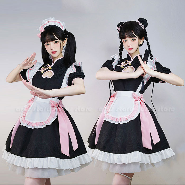 乐天商城 - メイド服 ロリータ ワンピース レディースコスプレ衣装 チャイナ風 エプロン 中華風 ドレス チャイナボタン ゴスロリ ゴシック ハロウィン コスプレ メイド 衣装 仮装 コスチューム こすぷれ 可愛い セクシー 大人 レディース ハロウィンコスプレ ウェイトレス S M L