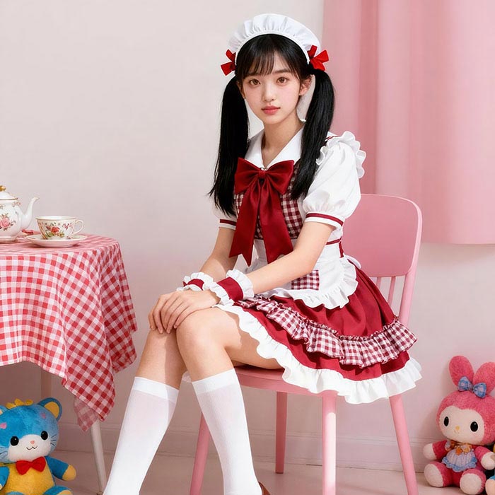 Rakuten - ロリータ ドレス メイド服 フルセット かわいい コスプレ衣装 lolita ハロウイン 変装 仮装 コスチューム メイド ウェイトレス ロリータドレス 半袖 エプロン 可愛い サンタコス クリスマス 膝丈スカート イベント 文化祭 学園祭 普段着 チェック柄 プリンセス S M L XL