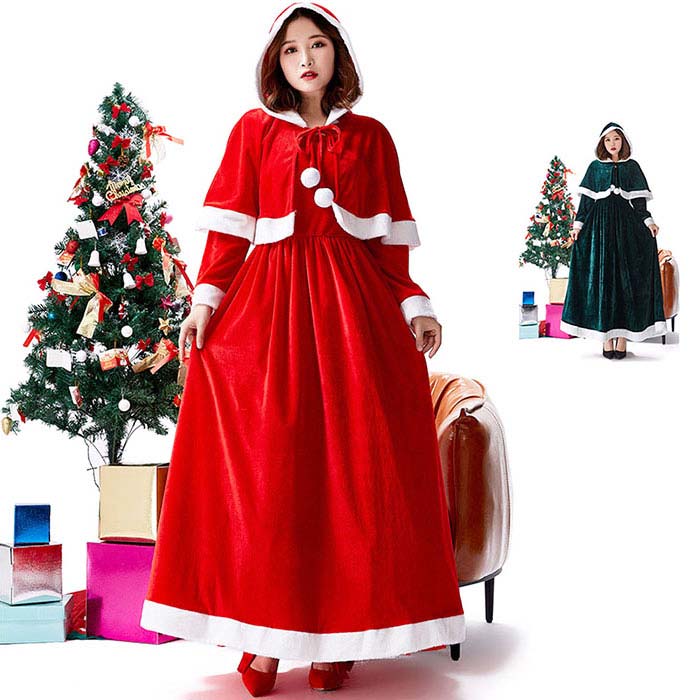 Rakuten - サンタコス クリスマス コスプレ衣装 レディース ワンピース ケープ フード付き サンタクロース 仮装 コスチューム 長袖 マキシ丈 ふわふわ サンタ コスプレ コス かわいい 可愛い 大人 女性 ポンチョ マント サンタコスプレ 衣装 パーティー 舞台ステージ衣装 あったか