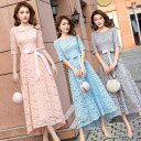 レディースワンピース フォーマルドレス 全6色 五分袖 ワンピース マキシ丈 花レース 総柄 ウエストリボン シースルードレス 冠婚葬祭 宴会 ゲストドレス お...