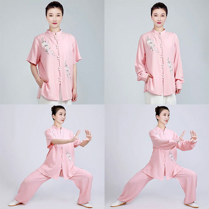 レディース太極拳服 シャツ単品/上下セット 太極拳服 半袖 長袖 花刺繍 大人 太極拳ウェア 太極拳 服 綿麻 涼しい 夏 武術表演服 民族風 舞台ステージ衣装 お揃い カンフーウェア パンツセット 試合選択 武術 カンフー 気功専用ウエア 団体服 朝練 ゆったり おしゃれ