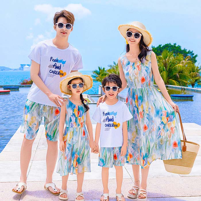 親子お揃い 夫婦 カップル ペアルック 親子ペア 花柄 ワンピース ノースリーブ 半袖tシャツ 半ズボン ..