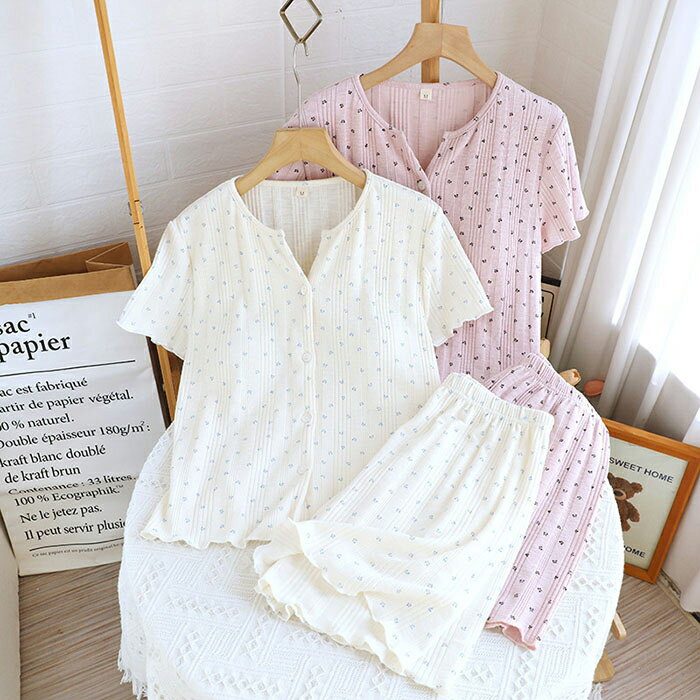 Rakuten - レディースパジャマ 夏服 上下セット 女性 パジャマ 半袖 ハーフパンツ コットン 前開き ショートパンツ 総柄 ルームウェア 綿100％ ジュニア 寝巻き 夏 部屋着 ナイトウェア 大人 部屋着 コットン 肌に優しい 敏感肌 入院 旅行 ギフト 敬老の日 プレゼント M L XL