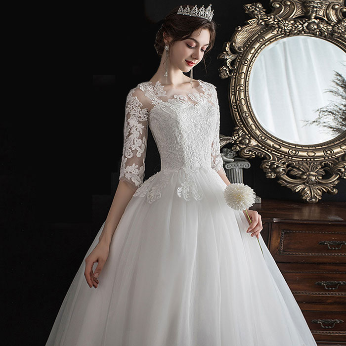 ウェディングドレス Aライン 花レース 袖あり 結婚式 花嫁ドレス フォーマルドレス ウエディング 床付き フォト婚 白 ドレス クラシカル シースルー 前撮り 後撮り 森ガール系 リゾートウエディング 花嫁 編み上げ 二次会 披露宴 演奏会 海外挙式 体型カバー おしゃれ S-9XL