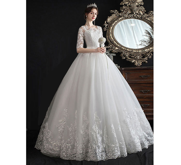 ウェディングドレス Aライン 花レース 袖あり 結婚式 花嫁ドレス フォーマルドレス ウエディング 床付き フォト婚 白 ドレス クラシカル シースルー 前撮り 後撮り 森ガール系 リゾートウエディング 花嫁 編み上げ 二次会 披露宴 演奏会 海外挙式 体型カバー おしゃれ S-9XL