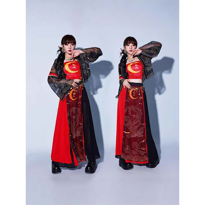 Rakuten - 古典ダンス衣装 ジャズダンス 中華風 ダンスウェア DS演出服 夜店 DJ 上下3点セット トップス 袖なし へそだし シースルーブラウス ロング丈 キュロット 民族風ダン ジャズ ヒップホップ ステージ衣装 扇子ダンス 舞台用 中国風 原宿系 透け感 セクシー 団体お揃い おしゃれ