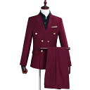 スーツ メンズ スリーピース 男性用 舞台ステージ衣装 紳士服 礼服 フォマールスーツ 3点セット コスプレスーツ 忘年会 二次会 結婚式 司会 パーティー イベント 無地 上質 ジャケットジレ ベスト ロングパンツ ダブルボタン おしゃれ 写真撮影 ワインレッドS M L XL 2XL(4)