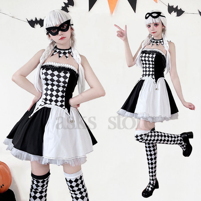 ハロウイン衣装 レディース コスプレ ピエロ セットアップ 女性 大人 トップス ベアトップ スカート サーカス 舞台衣装 コス仮装 キャラクター 演出服 ピエロコスプレ コスチューム 変装 ハロウイン 変身 チェック柄 セクシー パーティー 文化祭 ハロウイングッズ 可愛い