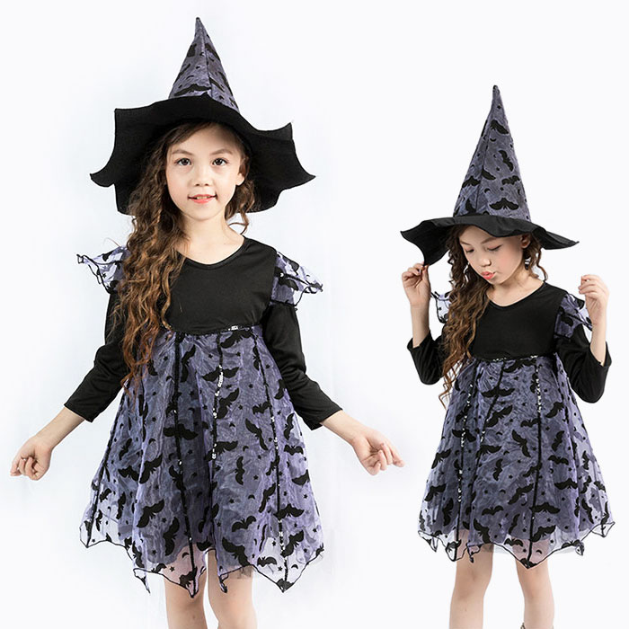 Rakuten - ハロウイン キッズ 衣装 悪魔 魔女 巫女 子ども 仮装 コスプレ衣装 コスチューム 子供用 長袖ドレス 帽子付き ワンピース コウモリ 女の子 子供服 ハロウイン仮装 ウィッチ 学園祭 文化祭 変身 小悪魔 魔法使い 発表会 ステージ パーティー 可愛い