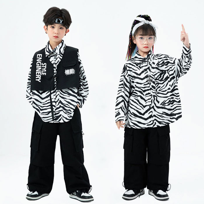 子供ダンス衣装 セットアップ ヒップホップ ユニセックス 男女兼用 シャツ ベスト カーゴパンツ ジャズダンス 舞台 ステージ 演出服 キッズ服 女の子 男の子 お揃い 団服 ジュニア服 学園祭 イベント 発表会 韓国風 練習着 レッスン 斑馬 ゼブラ 子ども服 おしゃれ 110-170cm