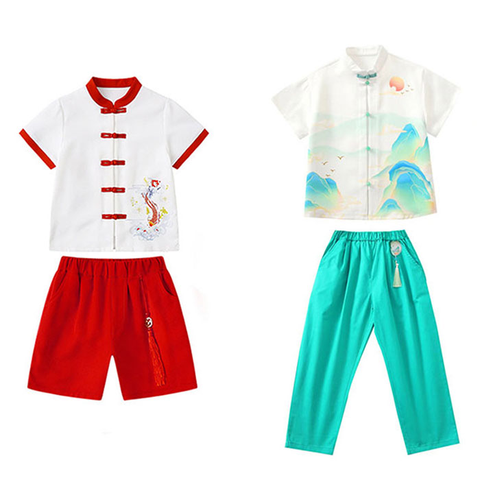 asks Dance Gearの子ども服 女の子 上下セット キッズ 漢服 トップス 半袖 チャイナボタン スカート プリント柄 入学 入園 卒業式 ジュニア 普段着 中華服 中華風 舞台衣装 文化祭 遊び 小学生 幼稚園 イベント衣装 中国古代衣装 可愛い 記念写真撮影 誕生日 子供の日 プレゼント 100-180cm｜アングル3