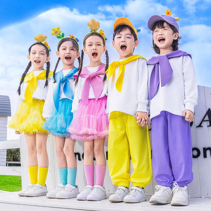 儿童 - キッズステージ衣装 子供チアダンス服 上下セット 女の子 男の子 長袖tシャツ チュチュ ロングパンツ カラフル 舞台 チアダンス 可愛い 普段着 子供の日 イベント 学園祭 卒業式 文化祭 発表会 幼稚園 ジュニア ジャズ 団体お揃い チアダンス パーティー ギフト おしゃれ