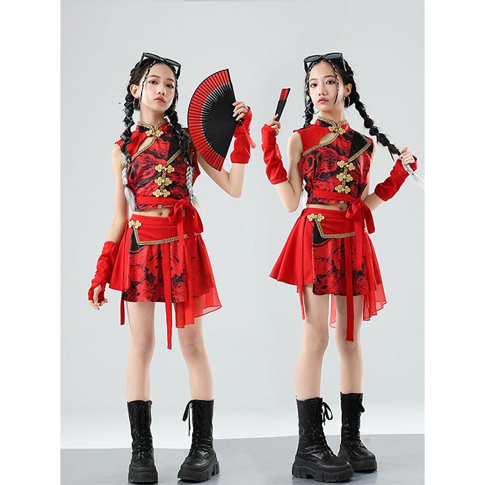 Top & Bottom Sets - キッズジャズダンス衣装 女の子 セットアップ チアガール 中華風 チャイナ風 ステージ衣装 トップス スカート チュール 応援団 古典ダンス衣装 扇子ダンス 飄逸 ヒップホップ ストリートダンス衣装 ステージ衣装 団服 チアダンス 可愛い 卒業式 入学式 イベント 110-180cm